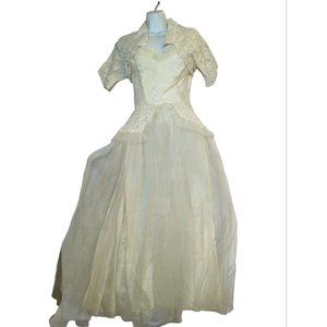 Vintage 1950's 50s Strapless Ivory Lace Tulle Party Prom Wedding Dress Gown